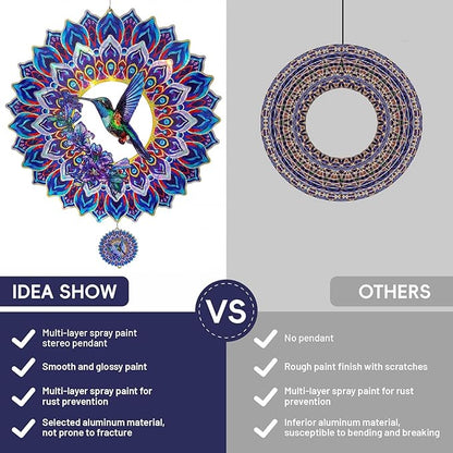Hummingbird Mandala Wind Spinner, IDEA SHOW 12In 3D Kinetic Metal Wind Spinners, Hummingbird Gift for Women, Mom, Garden & Yard Decor Outdoor/Indoor Decoration, Dynamic Art Hanging Sculpture (12In)