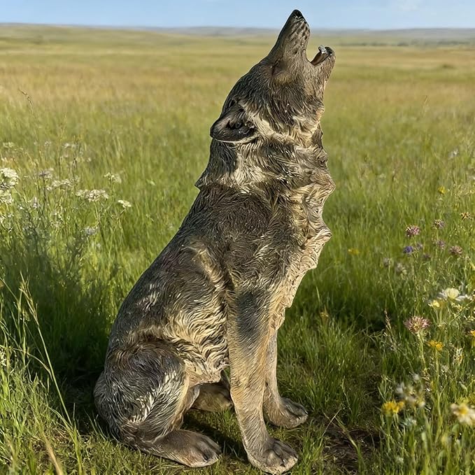 Large Howling Wolf Resin Statue - 17.9" L x 29.7" H Realistic Alpha Wolf Sculpture, Weatherproof Outdoor Garden Decor for Patio, Lawn & Yard, Wildlife Art Gift for Nature Lovers