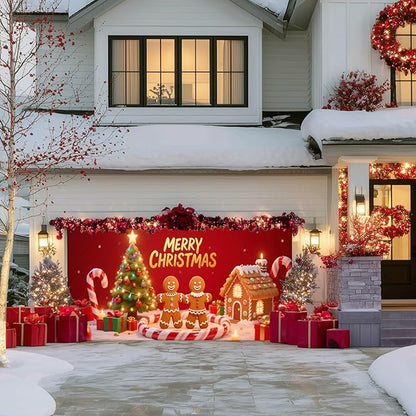 IVN Christmas Gingerbread Garage Door Banner 6x13 ft Holiday Backdrop with Cookies Tree Gifts Garage Door Covers Decorative Garage Door Cover Mural for Outdoor Decor
