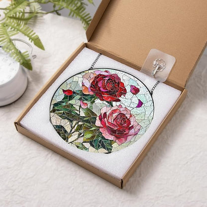 Pink Red Roses Stained Glass Window Hanging Suncatchers Valentine Roses Glass Panel Hangings Vintage Floral Window Decor Flowers Lovers Gift for Women Mom Spring Garden Nature Ornament 7.9inch