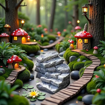 Curved Stone Steps Miniature Fairy Garden Accessories, Miniature Pond Lawn Garden Ornament Figurines, Mini Lighthouse Water Well Bridge Figurines, Micro Landscape Ornaments, Outdoor Statues