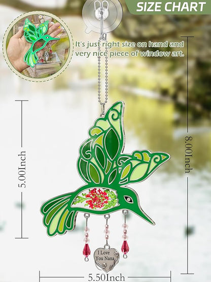 KY&BOSAM I Love You Nana Hummingbird Suncatcher Glass Suncatchers for Windows Hanging Ornament Wind Chime Pressed Drived Flowers and Metal Heart Charm Birthday Gifts for Nana Mothers Day Christmas