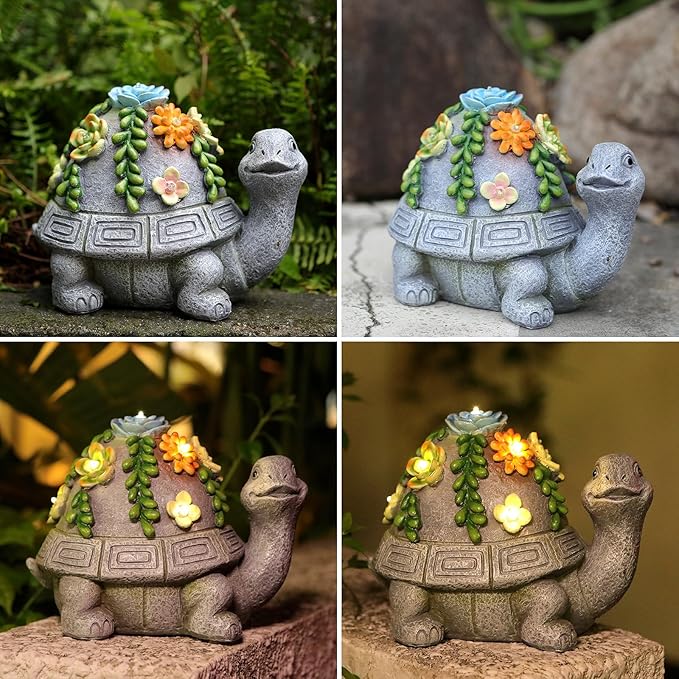 Solar Garden Turtle Decor Outdoor Statue - Turtle with LED Waterproof Sculptures Lights, Cute Pond/Yard Statues Outside Decoration, Home, Lawn, Patio, Resin Animal Ornament, Gardening Gift