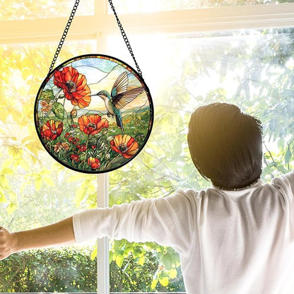 DASTOLL Stained Glass Window Hanging, Hummingbirds Orange Flowers Suncatcher Diamond Glass Panel Hangings Sun Catchers Decor for Birthday for Women, Men, Wife, Aunt, and Mom 6.3 in