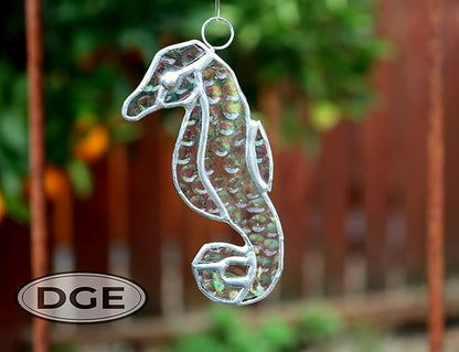 Stained Glass Ornament Seahorse Decor 3.5" x 1.5" Iridescent Suncatcher for Window Hangings Sea Glass Ocean Animal Tiffany Figurines Sun Catcher Garden - Beach Themed Office Home Decor