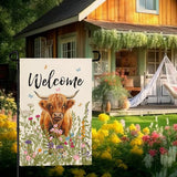 Welcome Spring Highland Cow Garden Flag Highland Cow with Flowers Burlap Yard Flag Seasonal Summer Bull Butterfly House Banner for Farmhouse Rustic Holiday Outdoor Decor 12x18 Inch