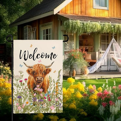 Welcome Spring Highland Cow Garden Flag Highland Cow with Flowers Burlap Yard Flag Seasonal Summer Bull Butterfly House Banner for Farmhouse Rustic Holiday Outdoor Decor 12x18 Inch