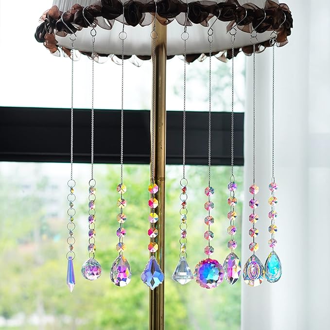 KANPURA 9 PCS Crystal Rainbow Suncatchers, Hanging Crystals Sun Catchers with Chain for Windows, Colorful Suncatcher Prism Pendant Hanging Crystals for Home Christmas Tree Decor