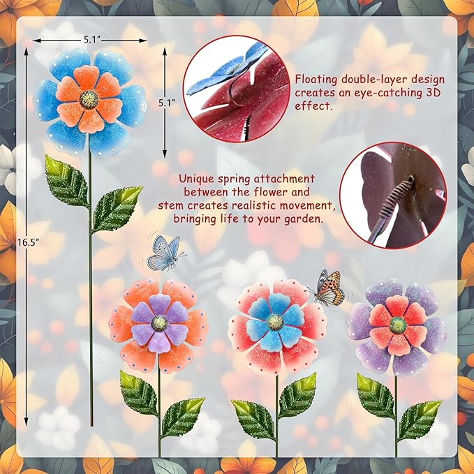 Metal Flowers for Outside, 4 Pcs 16.5 Inch Decorative Garden Stakes, Hand Painted Tin Metal Garden Decor with Glitter, Weather Resistant Outdoor Art for Patio Lawn Yard