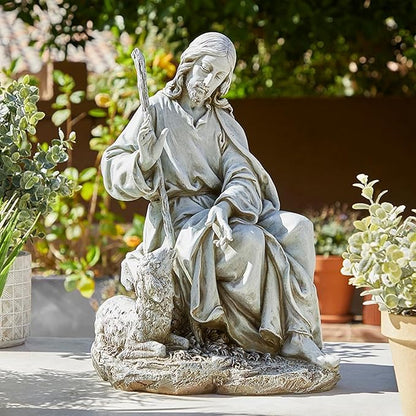 Avalon Gallery Garden Statue - Jesus The Good Shepherd Stone-Resin Indoor/Outdoor Catholic Sculpture, 17.5" Tall, Seated with Sheep