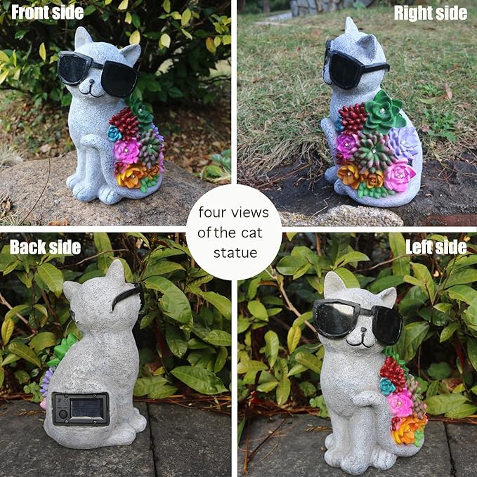 Sharita Solar Cat Garden Decor Statues - with Succulent LED Lights Cat Figurines Gifts for Women Mom Grandma Outdoor Decoration for Patio Yard Lawn