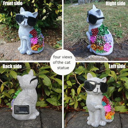 Sharita Solar Cat Garden Decor Statues - with Succulent LED Lights Cat Figurines Gifts for Women Mom Grandma Outdoor Decoration for Patio Yard Lawn