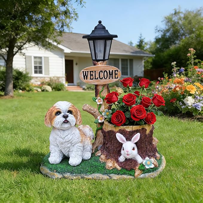 Solar Garden Statue with Planter & Solar Lantern, Outdoor Resin Animal Sculpture, Waterproof Yard Lawn Decor Pot for Succulents, Front Porch Ornament Housewarming Gift(Shih Tzu)