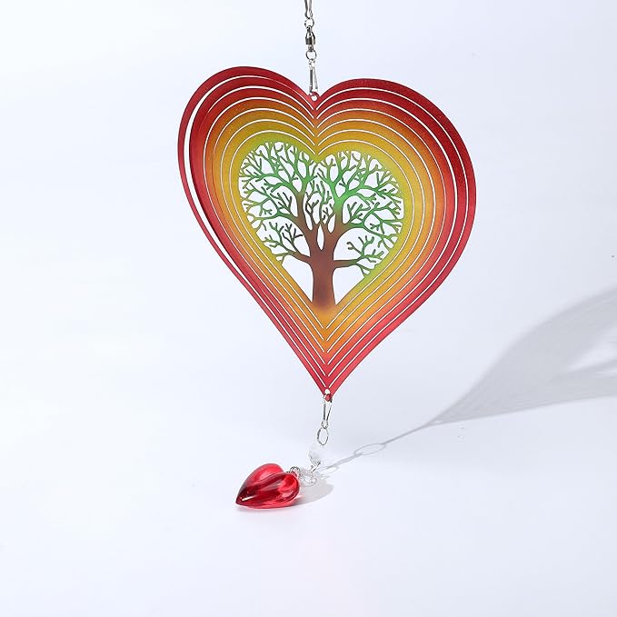 3D Heart Shaped Wind Spinner, 10"x7" Stainless Steel Outdoor with Tree of Life Design, Waterproof Colorful Hanging Wind Rotator with Soothing Bell, Decorative Garden Yard Patio Art Gift