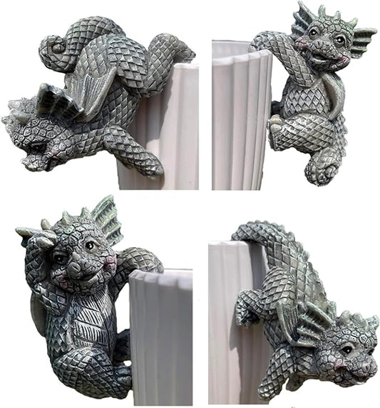 4-Piece Dragon Statue Set for Outdoor Decor Hanging & Climbing Dragon Figurines, Resin Pot Hugger Sculpture for Planters & Vases, Lawn Patio Yard Ornaments and Dragon Decorations