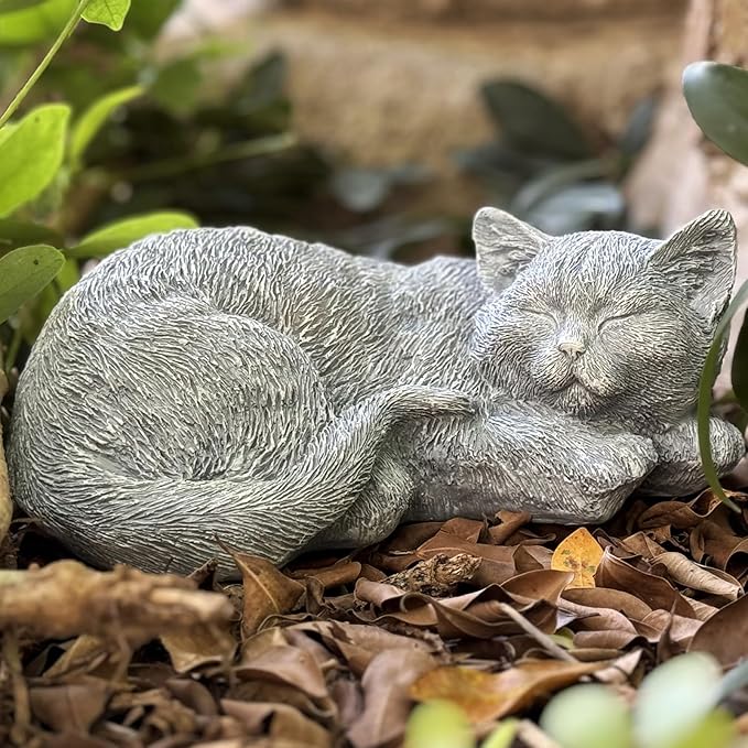 Cat Memorial Stone Garden Decor Outdoor Statue, Figurine Sculpture for Patio, Porch and Lawn, Sleeping Cat Decoration, Gifts for Mom