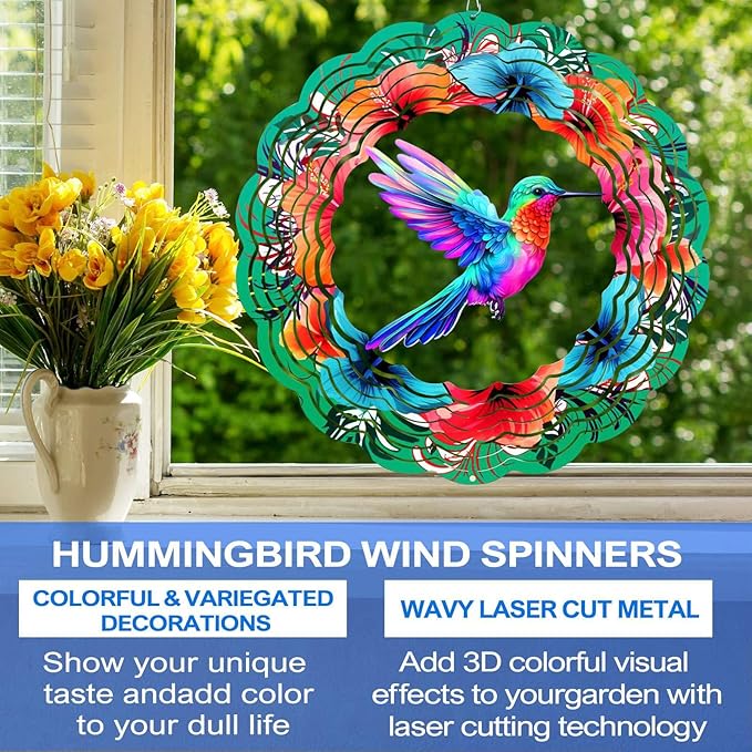 Hummingbird Wind Spinners Hanging Outdoor Decor, 12 Inch 3D Kinetic Yard Art Hummingbird Metal Sculpture Birthday Gifts for Bird Lovers, Mom, Women for Yard, Garden