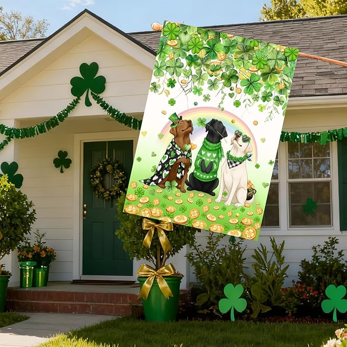 St Patricks Day Dog House Flag 28 x 40 Double Sided Outside White Chocolate Black Lab Garden Banner Labrador Yard Signs for Saint Patrick Spring Outdoor Decorative