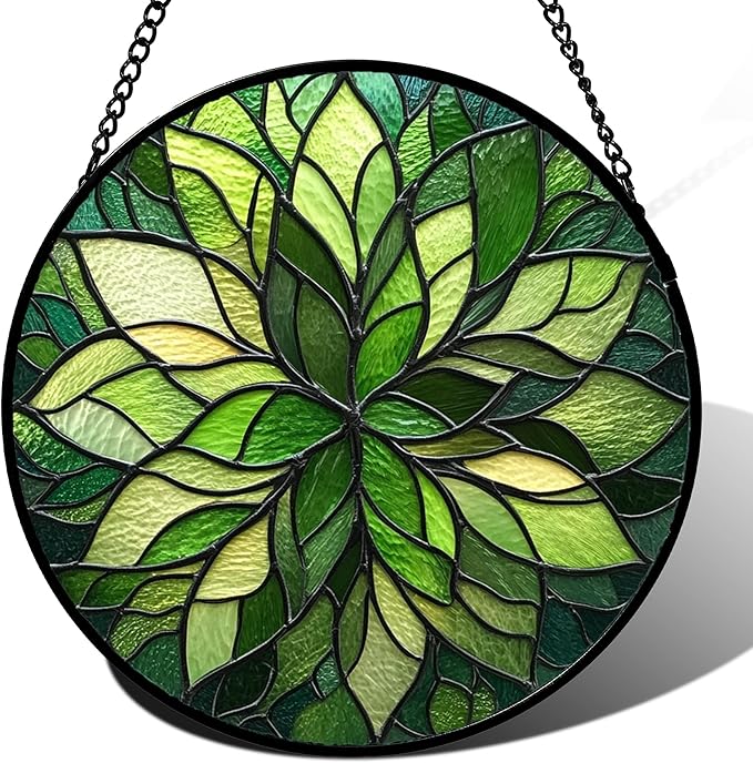 Stained Glass Window Hanging - Green Gradient Flowers Suncatcher for Doors Window Home Plant Sun Catchers Decor Christmas Mother's Day Birthday Gifts for Teacher Women Men Mom Nana 9.8 in