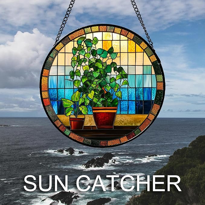 Stained Glass Window Hanging Green Potted Plants 6.3" - Suncatcher Door Garden Sun Catcher Retro Home Decor Birthday Christmas for Mom Men Woman Nana Friend