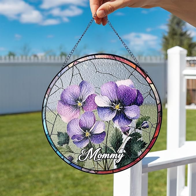 NAZENTI Personalized Grandma Flower Garden Gifts for Mother's Day, Personalized Stained Glass Window Hanging Suncatcher with Kids Name, Birth Flower Memorial Gift