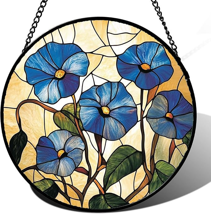 Stained Glass Window Hanging - Morning Glory Suncatcher for Door Garden Home Decor Birth Flower Sun Catcher Christmas Birthday for Lovers Friend Women Mom Nana 7.8 in