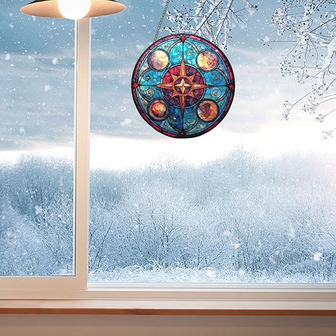 Acrylic Window Hanging,Compass Star Stained Window Hanging Decor Colorful Ornament,Stained Two-Sided Panel Hangings Decoration,Suncatcher for Garden Kitchen Living Room