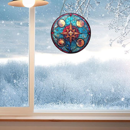 Acrylic Window Hanging,Compass Star Stained Window Hanging Decor Colorful Ornament,Stained Two-Sided Panel Hangings Decoration,Suncatcher for Garden Kitchen Living Room