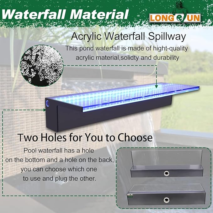 LONGRUN 60cm Pond Waterfall Blade,Acrylic Pool Fountain with RGB Bluetooth LED Light, Complete Waterfall & Stream Kits for Outdoor Water Features