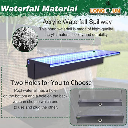LONGRUN 60cm Pond Waterfall Blade,Acrylic Pool Fountain with RGB Bluetooth LED Light, Complete Waterfall & Stream Kits for Outdoor Water Features