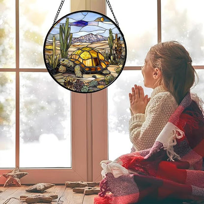 Stained Glass Window Hanging Golden Turtle Cactus Landscape Large 11.8" - Suncatcher Door Garden Sunroom Sun Catcher Home Decor Birthday Christmas for Mom Men Woman Nana