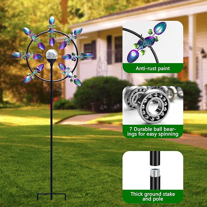 Large Solar Wind Spinner for Yard and Garden – 360° Kinetic Metal Wind Sculpture with LED Crackle Glass Ball, Waterproof Outdoor Stake Decor for Patio, Lawn & Backyard Art Decoration