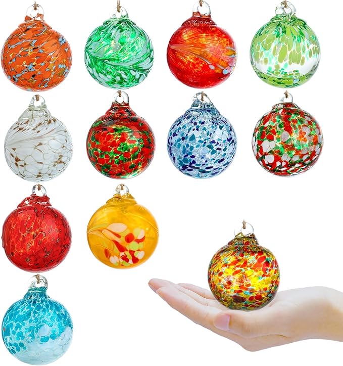 Set of 12 Hand Blown Glass Ball Ornaments Decorative Hanging Ornaments Glass Gazing Balls Witches Balls Decor for Outdoor Patio Garden Window