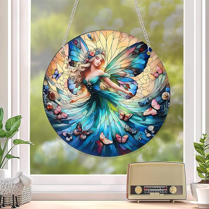 Butterfly Girl Fairy Suncatcher Acrylic Flower Fairy Window Hanging Stained Sun Catchers Indoor Window Decor with Chain Home Garden Decoration 7.8 inch YKA188 (C)