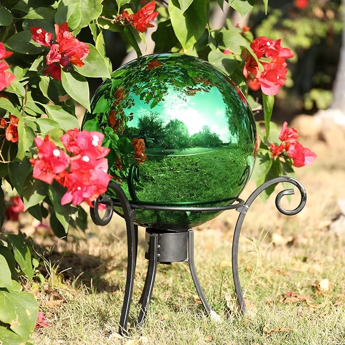 VCUTEKA Gazing Ball, Glass Mirror Polished Hollow Ball Reflective Garden Sphere, Gazing Globe for Home Garden Lawn Outdoor Ornament Yard Decorative, 10-Inch, Green