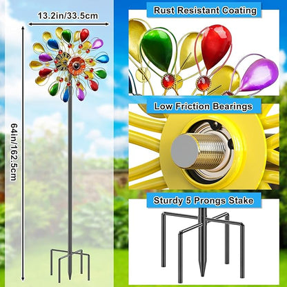 64 inch Garden Wind Spinner, Outdoor Wind Sculpture with 5 Prong Base Stand, Metal Windmill for Lawn Yard Outdoor Art Decorations (B-Colorful)