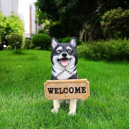 Husky Welcome Light with Solar Lantern & Double-Sided Sign, Sitting Black & White Husky Sculpture for Entry Shelf, Patio & Garden Edge