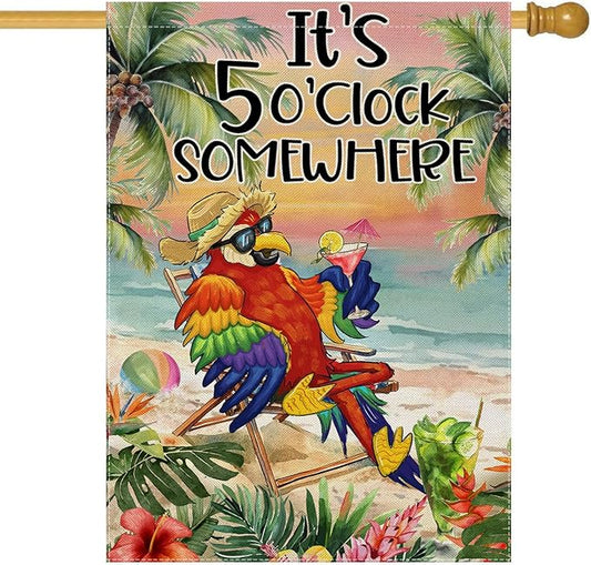 Summer House Flags for Outdoor Decoration, It's 5 O'clock Somewhere Beach Parrot Large Yard Flag, Seasonal Decorative Celebration Decor for Spring Farmhouse Holiday Outside 28x40 Inch Vertical Double Sided
