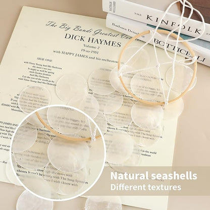 Handmade Capiz Wind Chimes for Outside, Outdoor Seashell Hanging Beach Coast Ocean Home Decorative, Unique Natural Shell Waterfall Windchimes for Summer Patio, Great Memorial Sympathy Gift（White