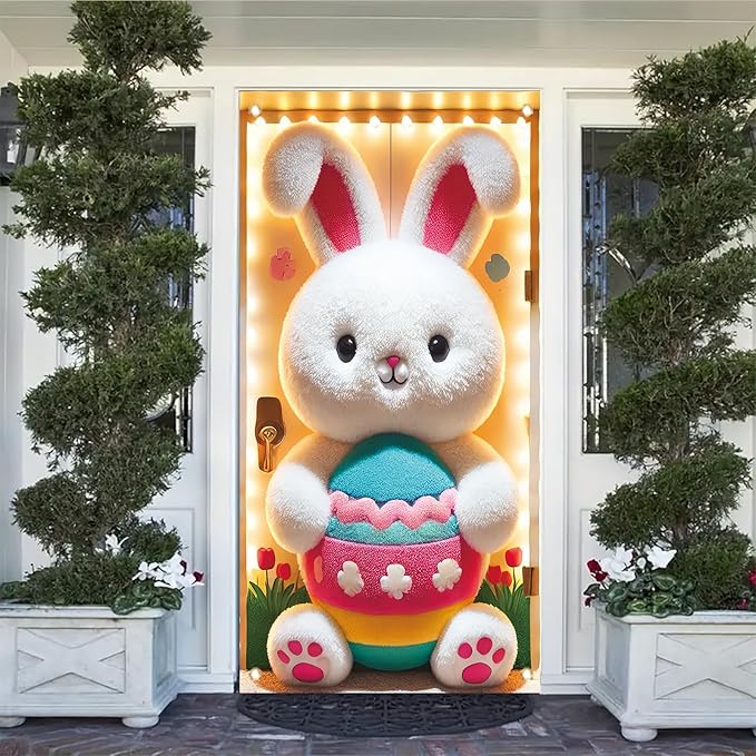 Happy Easter Door Cover Decoration Easter Eggs Bunny Banner Welcome Spring Happy Easter Day Party Photography Background Backdrop for Party Decorations Supplies 70.8 x 35.4 inch