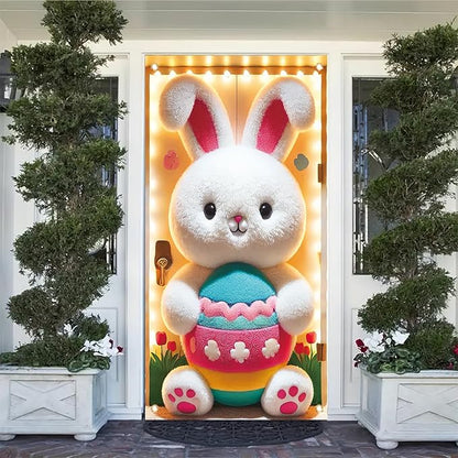 Happy Easter Door Cover Decoration Easter Eggs Bunny Banner Welcome Spring Happy Easter Day Party Photography Background Backdrop for Party Decorations Supplies 70.8 x 35.4 inch