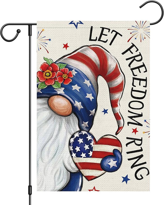 Heyfibro Let Freedom Ring Gnome Patriotic Garden Flag 12x18 Double Sided Burlap, 4th Of July Fireworks Red Flower Heart Pattern Yard Flags for Rustic Independence Day Outdoor Decor (ONLY FLAG)
