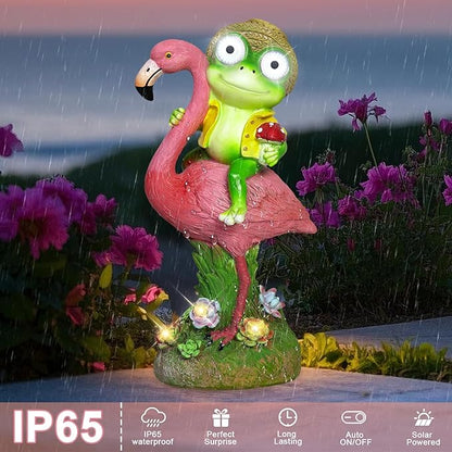 Solar Garden Statue, Whimsical Frog Riding Flamingo Outdoor Decor with Glowing LED Eyes, IP65 Waterproof Resin Lawn Ornament for Patio Yard Balcony, Unique Housewarming Gift for Mom Grandma Women