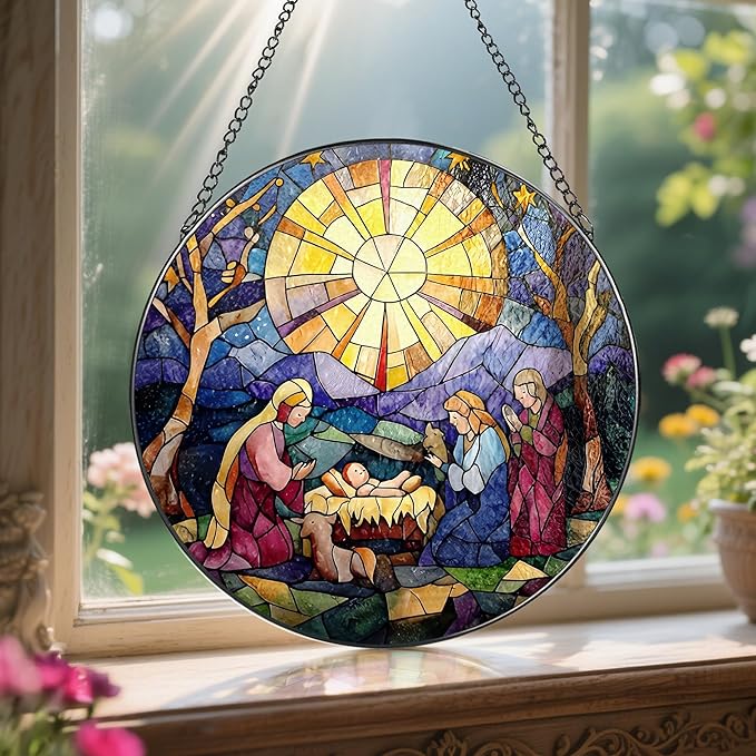 8'' Nativity Stained Glass Suncatcher, Window Hanging Decor, Religious Christmas Ornament, Christian Holiday Decor, Christian Gifts, Religious Gifts, Gift for Christmas