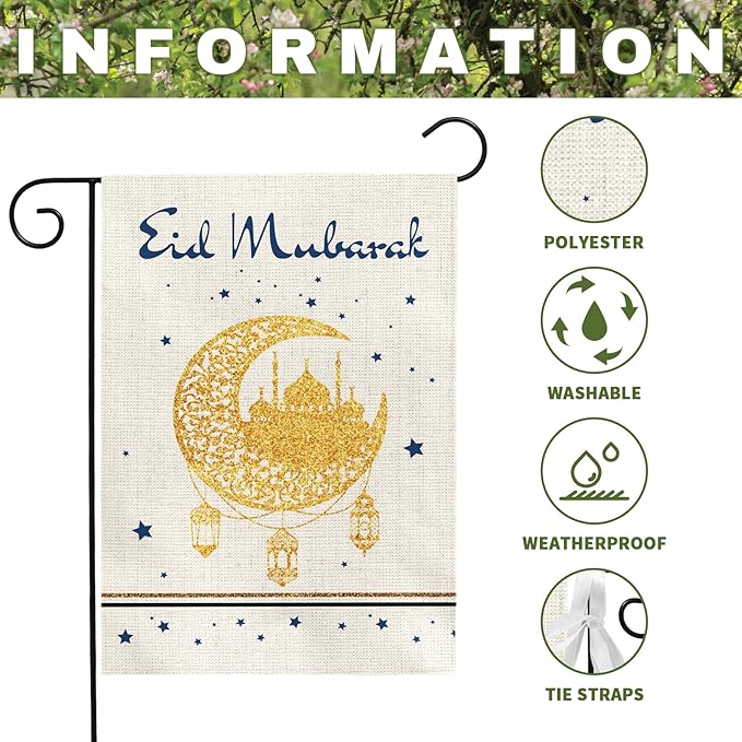 Eid Mubarak Garden Flag 12x18 Inch Ramadan Kareem Muslim Yard Flags with Golden Moon Mosque Lantern Stars Islamic House Banner for Spring Eid Celebration Home Porch Lawn Patio Decor