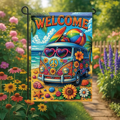 Summer Garden Flag 12x18 Inch Welcome Hippie Van Beach Surf Rainbow Peace Floral Design Outdoor Yard Porch Lawn Patio for Seasonal Coastal Boho Home Decor