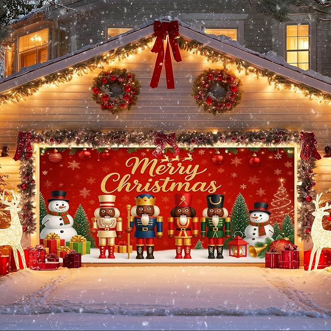 IVN Christmas Garage Door Banner 13x6ft Black Nutcracker Christmas Porch Banner Decorations Snowman Merry Christmas Garage Door Cover Decoration Home Door Front Yard Decor for Xmas Eve Holiday Outdoor