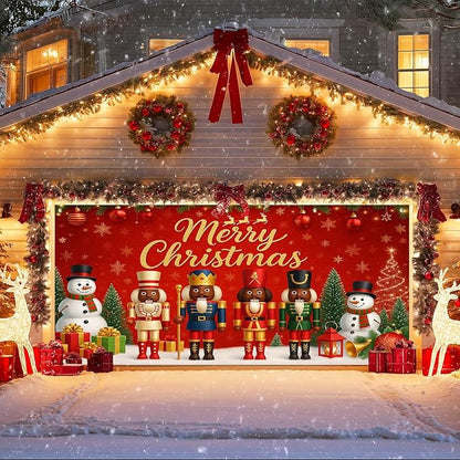 IVN Christmas Garage Door Banner 13x6ft Black Nutcracker Christmas Porch Banner Decorations Snowman Merry Christmas Garage Door Cover Decoration Home Door Front Yard Decor for Xmas Eve Holiday Outdoor