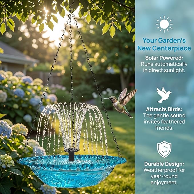 Solar Cascade Hanging Bird Bath Fountain, 2026 New Solar Fountain for Bird Bath Hanging Solar Bird Bath Fountain with Solars Pump & Bowl Decorative Garden Yard Patio (Blue)