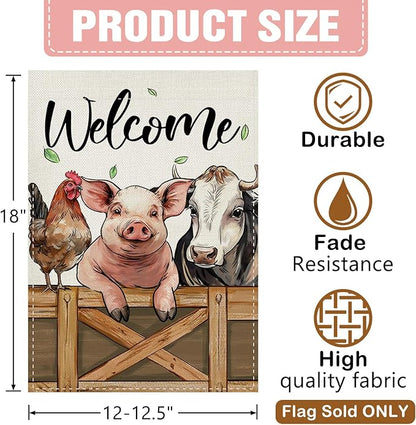 Dyrenson Welcome Farm Animals Decorative Garden Flag, Pig Cow Rooster Yard Outside Home Decoration, Farmhouse Burlap Outdoor Small Decor Double Sided 12 x 18
